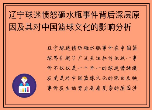 辽宁球迷愤怒砸水瓶事件背后深层原因及其对中国篮球文化的影响分析