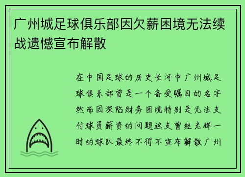 广州城足球俱乐部因欠薪困境无法续战遗憾宣布解散